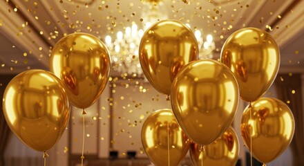 Golden balloons float in a room with a chandelier and confetti.