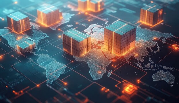Global logistics network visualized; shipping containers connected across world map