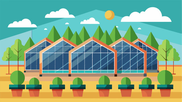 Hightech greenhouse screens can minimize energy consumption by automatically adjusting to capture or reflect sunlight depending on the season and weather patterns.. Vector illustration