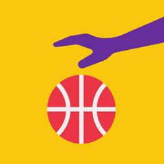 Vector flat concept with dribbling basketball to basket by player on yellow background. Square composition is like icon to design ad in world championship. Clipart sport collection