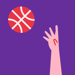 Vector flat concept with throwing basketball to basket by player on purple background. Square composition is like icon to design ad in world championship. Clipart sport collection