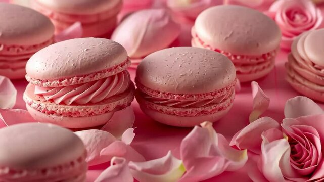A video showcasing delicate pink macarons surrounded by scattered rose petals and blooms. Soft pastel tones and intricate textures of the desserts and flowers in a close-up setting.