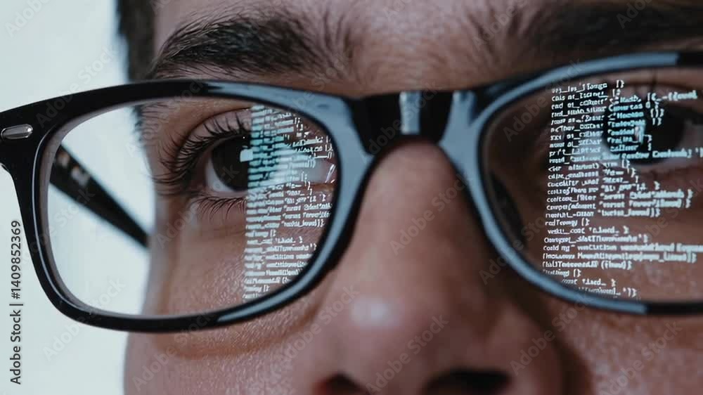 Aufkleber Programmer wearing glasses reflecting luminous code lines, deeply concentrating while developing complex software project with intense professional focus