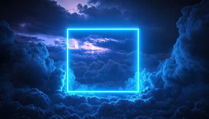 A vibrant neon blue square frame against a dramatic cloudy sky