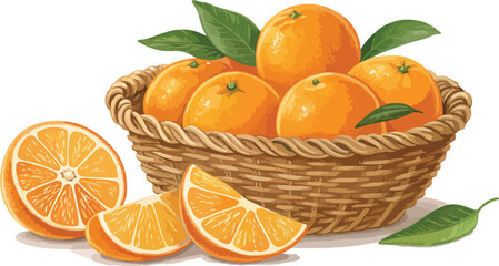 Orange Illustration vector design, Orange with Orange Slice in wicker basket in white background vector design