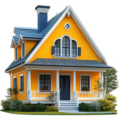 Obraz premium Charming Two Story Yellow House With Porch Isolated On White Background Architecture Real Estate