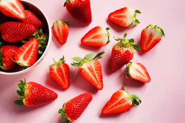 Large ripe strawberries in a white plate next to strawberries on a pink background