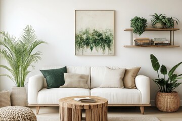 Cozy living room with white sofa and green plants in natural light