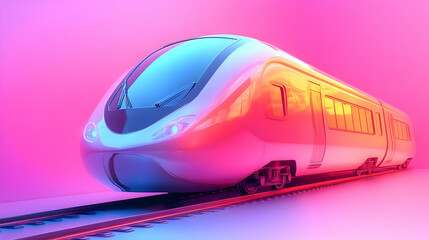 Fototapeta premium Sleek White High Speed Train on Tracks with Pink and Blue Lighting Futuristic Transportation and Rapid Transit