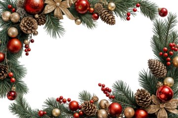 christmas garland with red frame gold baubles berries and pinecones on a png transparent background copy text space guirnalda de navidad con rojo y oro adornos bayas y piñas en un fondo