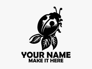 Elegant black and white illustration of a ladybug with distinctive spots crawling on stylized leaves against a transparent backdrop. Insect concept and logo vector design