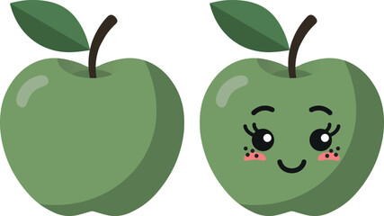 Green apple with kawaii eyes. Flat design vector illustration of green apple.