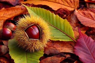 Chestnut in spiky husk on fallen leaves autumn