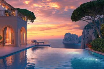 Sunset view of cliffside villa with infinity pool overlooking ocean and dramatic sky