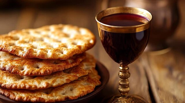 Ancient passover bread and wine in an antique cup, with golden hour lighting. v4