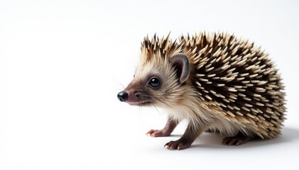 Fototapeta premium A solitary hedgehog on a stark white backdrop, viewed from above , animal, aerial view, nature photo