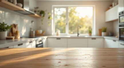 A clean wooden kitchen table with a sharp focus in the foreground, with a modern minimalist kitchen faintly visible in the background.