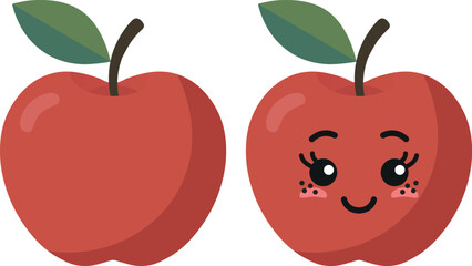 Red apple with kawaii eyes. Flat design vector illustration of red apple.