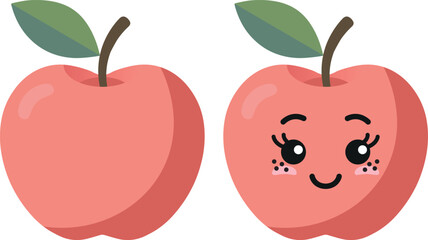 Red apple with kawaii eyes. Flat design vector illustration of red apple.