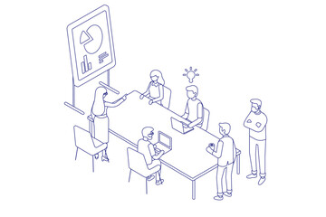 Isometric business meeting vector. Office workers at presentation with flipchart, graphs and teamwork discussion. Line art illustration for corporate training, strategy and collaboration.