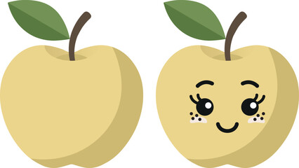 Yellow apple with kawaii eyes. Flat design vector illustration of yellow apple.