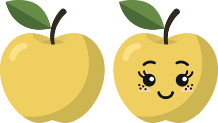 Yellow apple with kawaii eyes. Flat design vector illustration of yellow apple.
