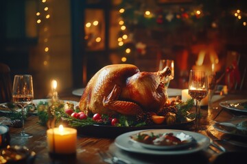 Festive Table Setting with Roast Turkey and Holiday Decorations