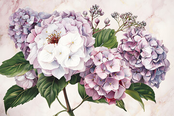 Lilac Hydrangea Bloom on Soft Marble Background. Delicate Watercolor Hydrangeas Flowers. Floral watercolor illustration. Soft Lilac Hydrangeas on a Gentle Background.