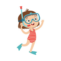 Cute little girl with diving mask and snorkel. vector illustration on a white background in children's style