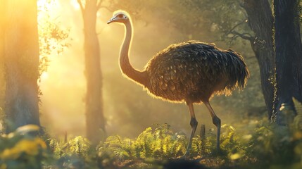 Outback landscape featuring emu bird standing against sunset high resolution picture