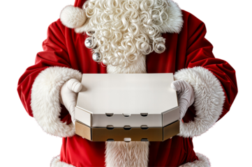 white pizza box concept hands of santa claus in white mittens with a beard in a red coat christmas fast food delivery new year's eve promotion concept holidays catering copyspace mock up banner noel 