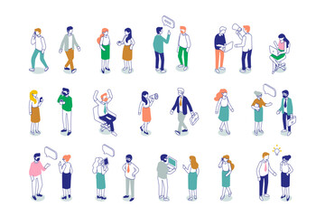 Line art office people silhouette isometric vector set isolated on white background. Teamwork, cooperation. 