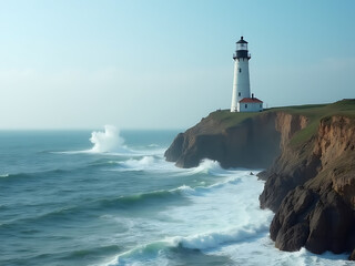 A coastal lighthouse stands tall on a cliff facing crashing waves and a bright blue sky over the sea.