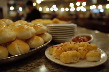 Freshly Baked Buns and Savory Snacks in a Cozy Restaurant Setting