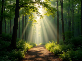 Fototapeta premium Sunlight streams through a lush forest illuminating a path surrounded by verdant foliage and tall trees.