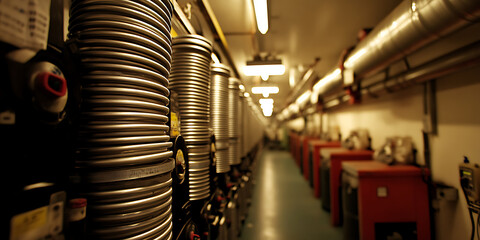 Fototapeta premium A corridor view of scientific or industrial equipment featuring metal cylinders and pipes with warm lighting and shallow depth of field.