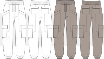 Men cargo jogger sweatpants elastic waist for running, fitness, and active wear pants Fashion drawing, flat sketch illustration, vector.  front and back view, cad, mockup.