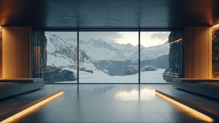 Fototapeta premium A luxury sauna with panoramic views of a snowy mountain landscape