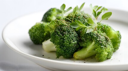 Steamed broccoli florets seasoned lightly with fresh herb garnish, arranged neatly on white plate against marble tabletop, captured in close-up with natural lighting and shallow focus.  