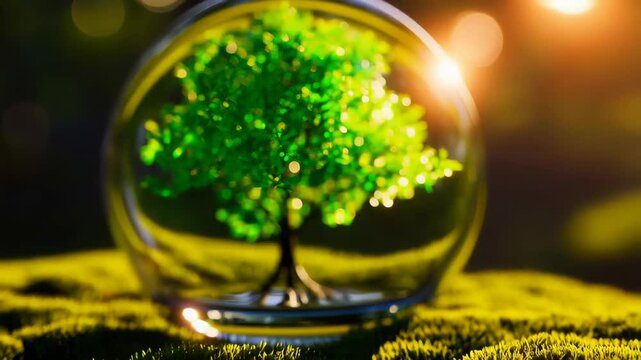 Green tree in transparent glass sphere on moss with glowing sunlight