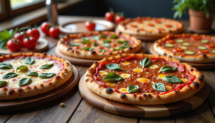 Freshly Baked Pizzas Displayed on Wooden Tables with Ingredients  