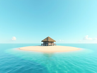 Fototapeta premium A small wooden hut with a thatched roof sits on a sandy island surrounded by clear blue ocean waters.