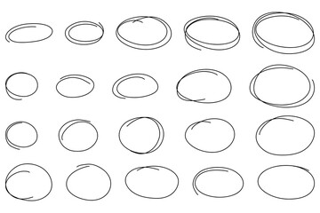 Highlight hand drawn oval marker frames line set. Hand drawn scribble circle sketch set. Doodle ovals and ellipses line template. Vector illustration oval isolated on white background.