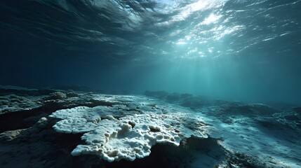 Underwater scene shows vast bleached white coral covering the seabed, viewed from below with sun rays piercing through deep blue water, highlighting environmental damage in realistic.  
