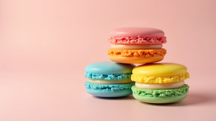 Fototapeta premium A stack of colorful macarons pink orange blue yellow and green against a soft pink background.