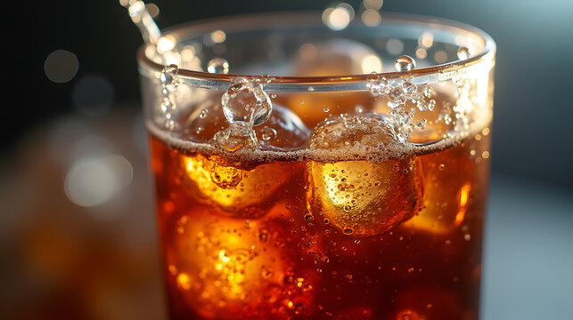 Refreshing iced beverage in a glass showcasing splashing water and ice cubes on a dark background.