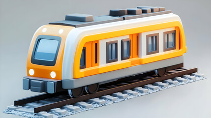 Fototapeta premium Stylized Isometric Train Car on Railroad Tracks with Orange and White Color Scheme against Gray Background in a Studio Lighting