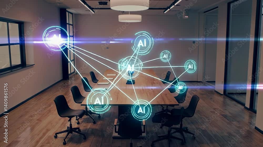 Poster Glowing lines and ai symbols connect devices on a table in a modern conference room, visualizing the power of artificial intelligence in business communication