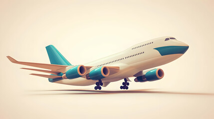 Naklejka premium Teal and White Low Poly Commercial Airplane Model on a Cream Background with Geometric Style