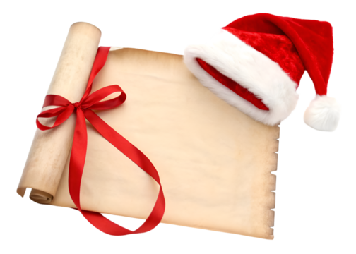 Blank christmas scroll with Santa hat isolated transparent background
